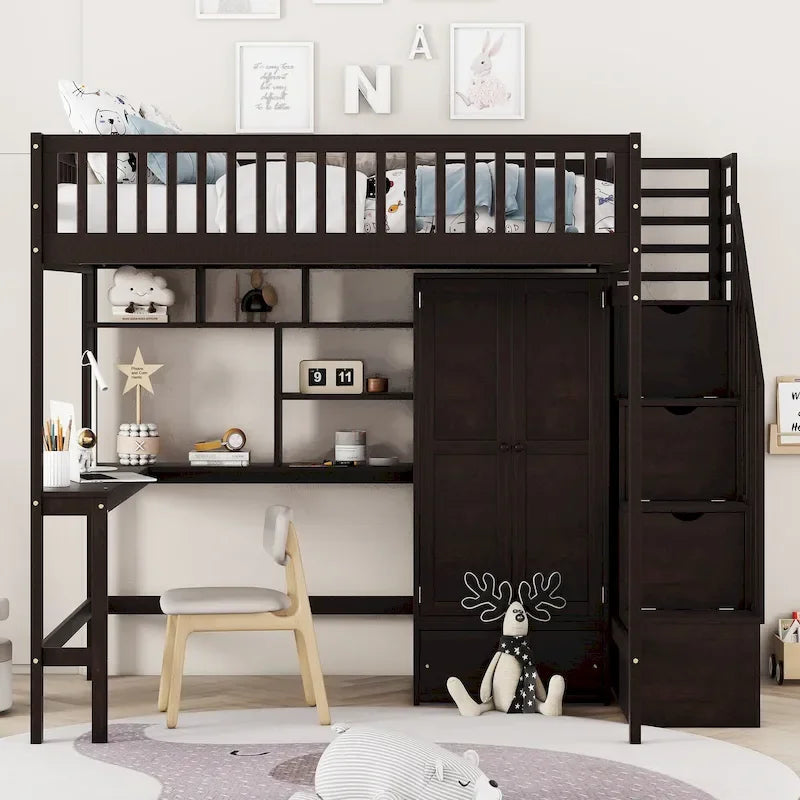Lit mezzanine en bois pleine grandeur Nordic Creative avec étagère, tiroirs, bureau et armoire de rangement pour enfants, adolescents et adultes