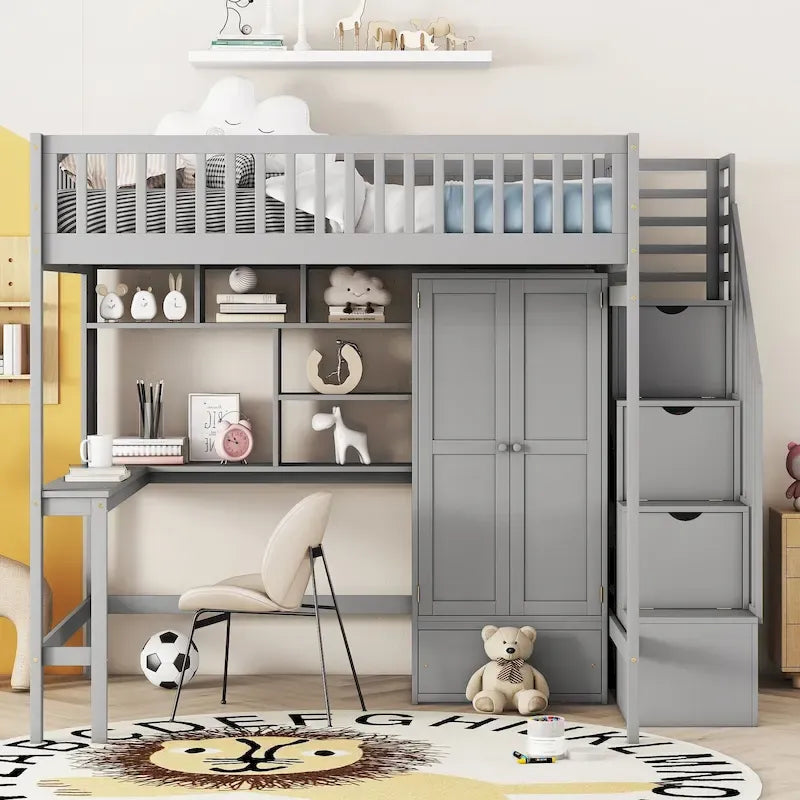 Lit mezzanine en bois pleine grandeur Nordic Creative avec étagère, tiroirs, bureau et armoire de rangement pour enfants, adolescents et adultes
