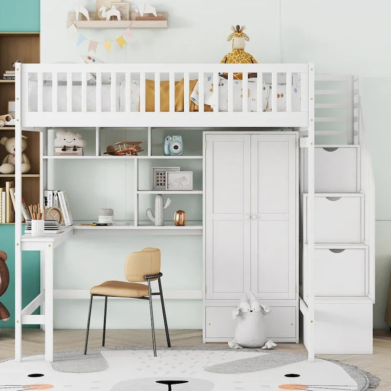 Nordic Creative Full Size Wood Loft Bed with Bookshelf, Drawers, Desk and Wardrobe Storage Bed Frame for Kids Teens Adults