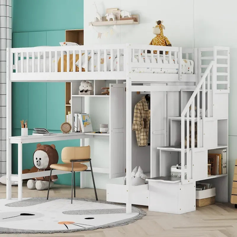 Lit mezzanine en bois pleine grandeur Nordic Creative avec étagère, tiroirs, bureau et armoire de rangement pour enfants, adolescents et adultes