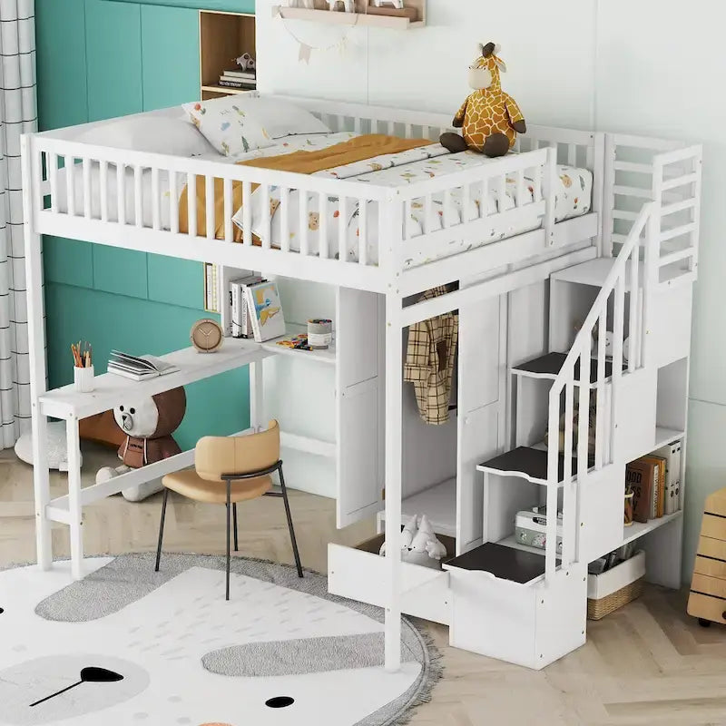Lit mezzanine en bois pleine grandeur Nordic Creative avec étagère, tiroirs, bureau et armoire de rangement pour enfants, adolescents et adultes