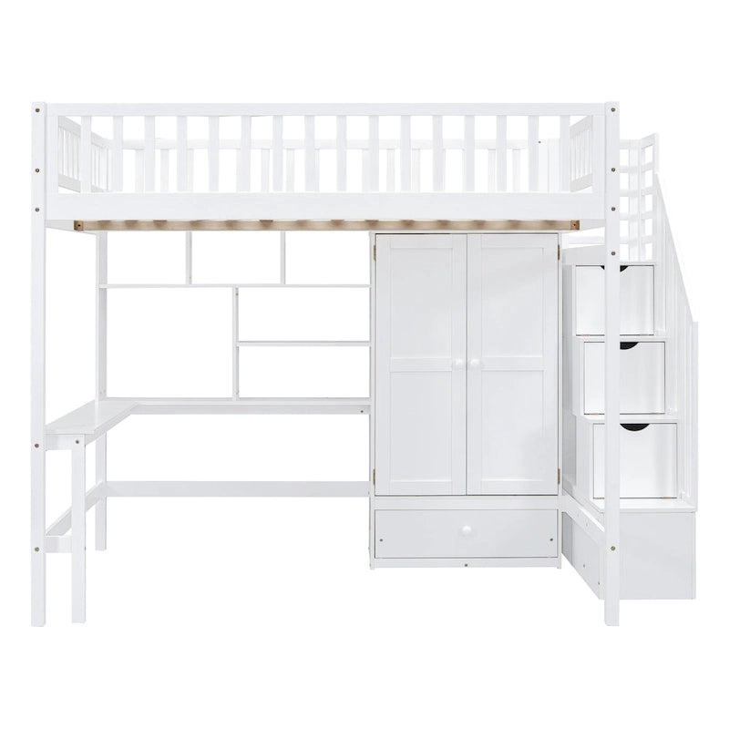 Lit mezzanine en bois pleine grandeur Nordic Creative avec étagère, tiroirs, bureau et armoire de rangement pour enfants, adolescents et adultes