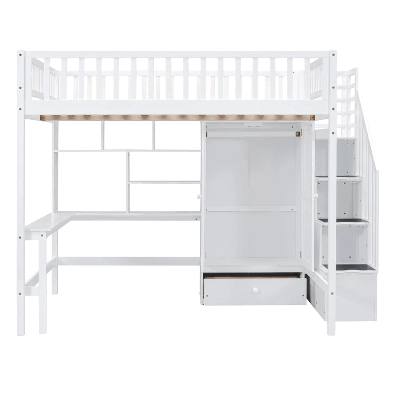 Lit mezzanine en bois pleine grandeur Nordic Creative avec étagère, tiroirs, bureau et armoire de rangement pour enfants, adolescents et adultes