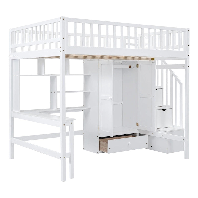 Lit mezzanine en bois pleine grandeur Nordic Creative avec étagère, tiroirs, bureau et armoire de rangement pour enfants, adolescents et adultes