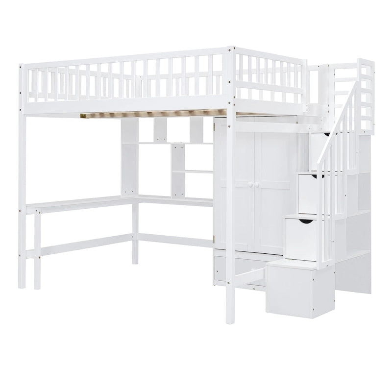 Lit mezzanine en bois pleine grandeur Nordic Creative avec étagère, tiroirs, bureau et armoire de rangement pour enfants, adolescents et adultes