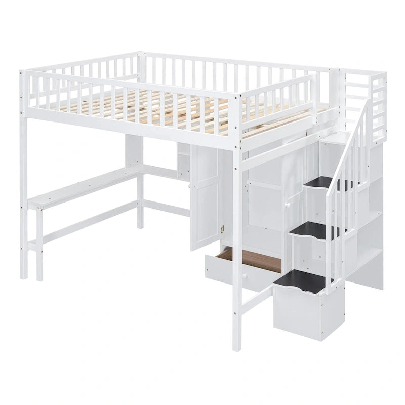 Lit mezzanine en bois pleine grandeur Nordic Creative avec étagère, tiroirs, bureau et armoire de rangement pour enfants, adolescents et adultes