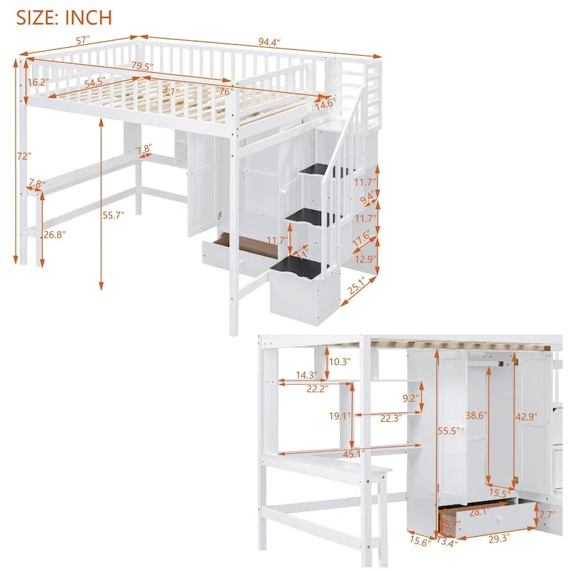 Lit mezzanine en bois pleine grandeur Nordic Creative avec étagère, tiroirs, bureau et armoire de rangement pour enfants, adolescents et adultes