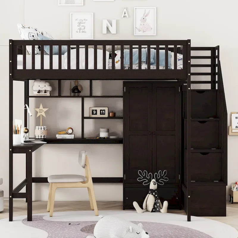 Lit mezzanine en bois pleine grandeur Nordic Creative avec étagère, tiroirs, bureau et armoire de rangement pour enfants, adolescents et adultes