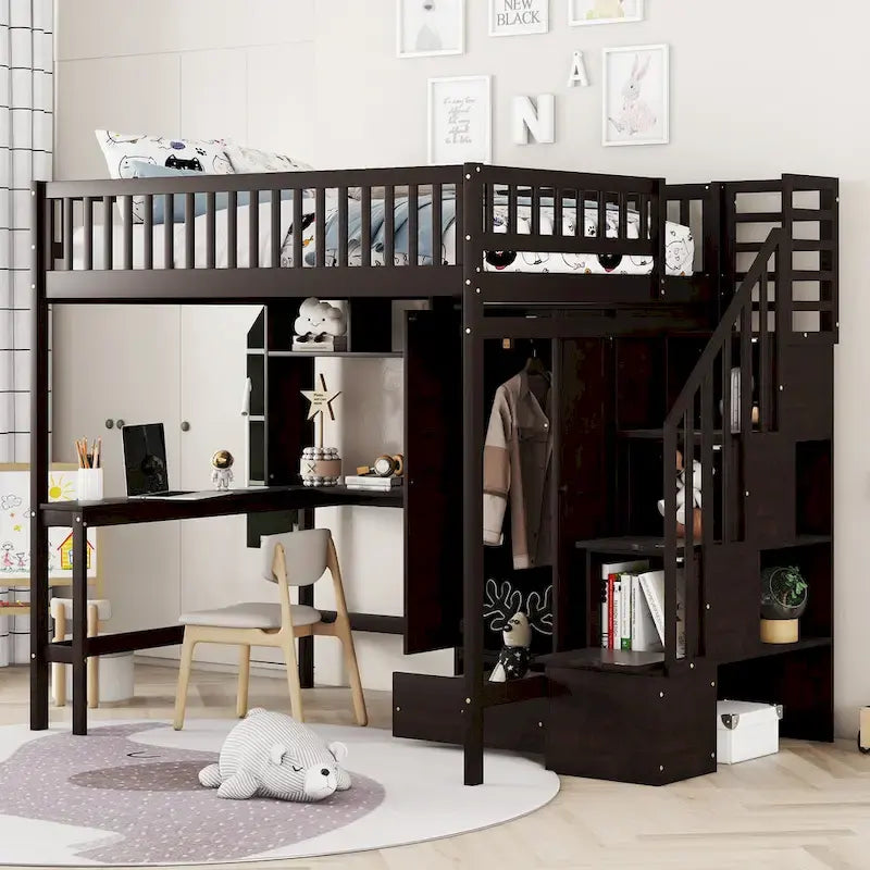 Lit mezzanine en bois pleine grandeur Nordic Creative avec étagère, tiroirs, bureau et armoire de rangement pour enfants, adolescents et adultes