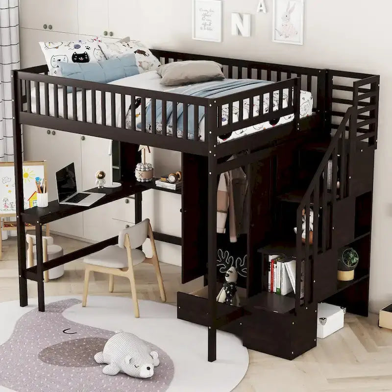 Lit mezzanine en bois pleine grandeur Nordic Creative avec étagère, tiroirs, bureau et armoire de rangement pour enfants, adolescents et adultes
