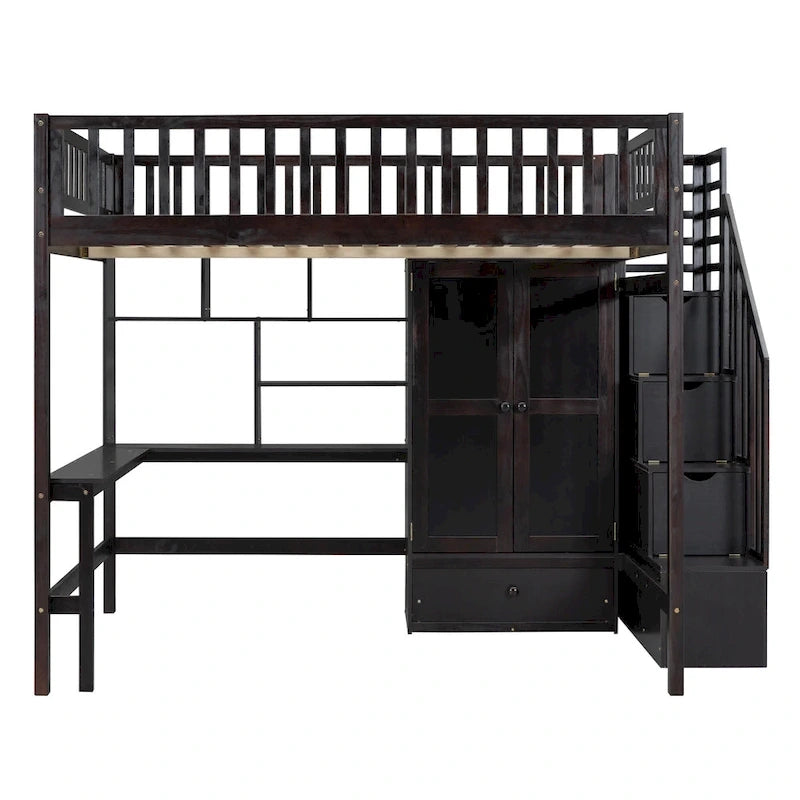 Lit mezzanine en bois pleine grandeur Nordic Creative avec étagère, tiroirs, bureau et armoire de rangement pour enfants, adolescents et adultes