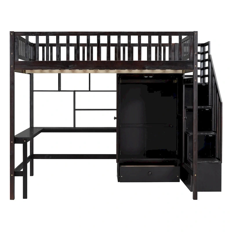 Lit mezzanine en bois pleine grandeur Nordic Creative avec étagère, tiroirs, bureau et armoire de rangement pour enfants, adolescents et adultes