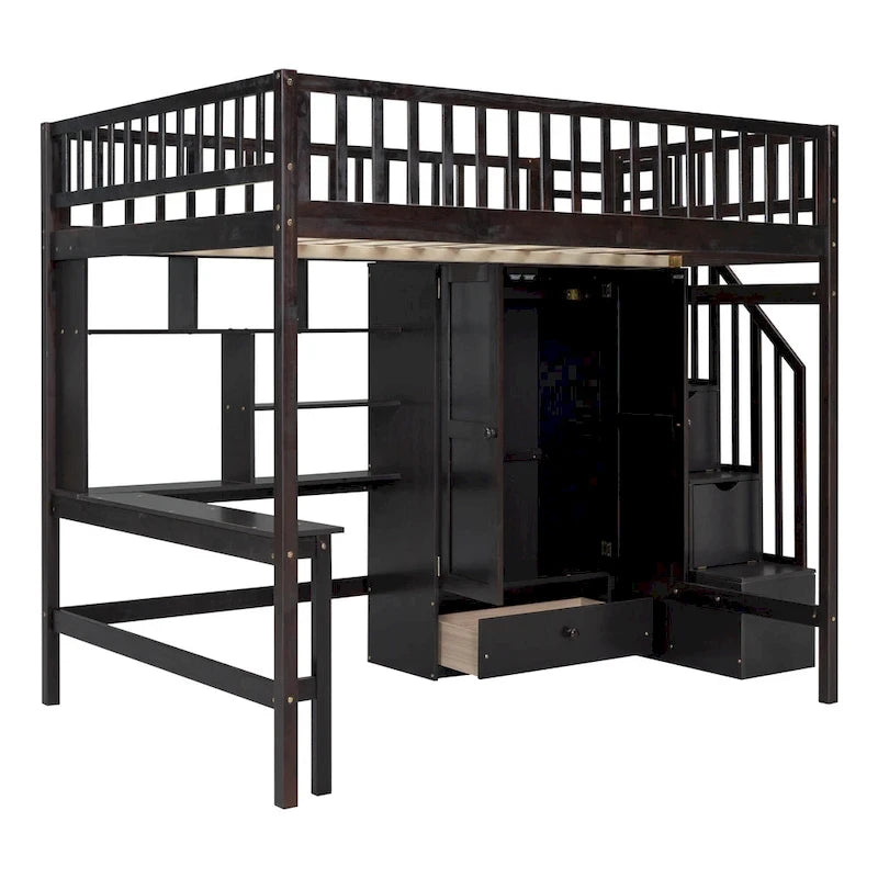 Lit mezzanine en bois pleine grandeur Nordic Creative avec étagère, tiroirs, bureau et armoire de rangement pour enfants, adolescents et adultes