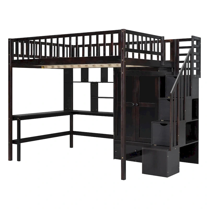 Lit mezzanine en bois pleine grandeur Nordic Creative avec étagère, tiroirs, bureau et armoire de rangement pour enfants, adolescents et adultes