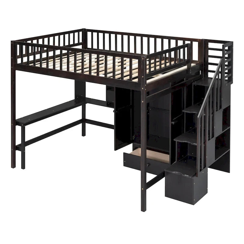 Lit mezzanine en bois pleine grandeur Nordic Creative avec étagère, tiroirs, bureau et armoire de rangement pour enfants, adolescents et adultes