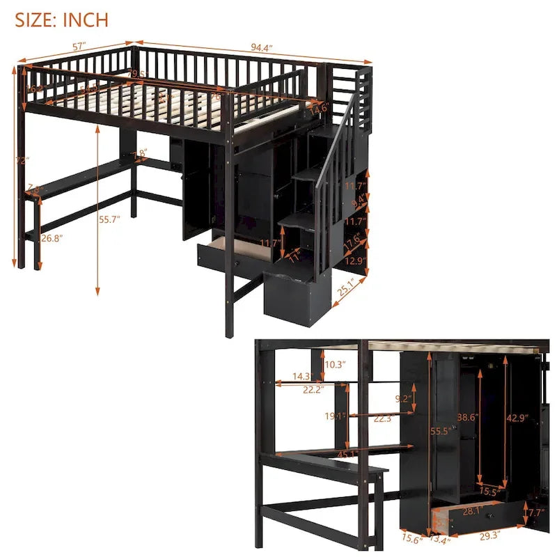 Lit mezzanine en bois pleine grandeur Nordic Creative avec étagère, tiroirs, bureau et armoire de rangement pour enfants, adolescents et adultes
