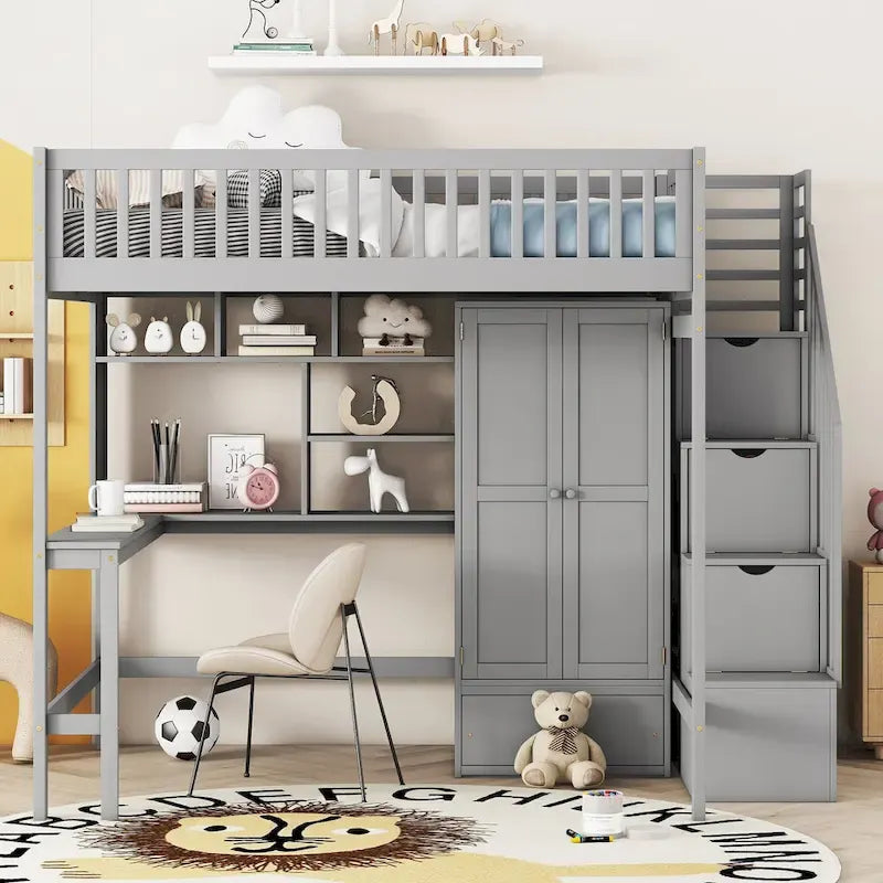 Lit mezzanine en bois pleine grandeur Nordic Creative avec étagère, tiroirs, bureau et armoire de rangement pour enfants, adolescents et adultes