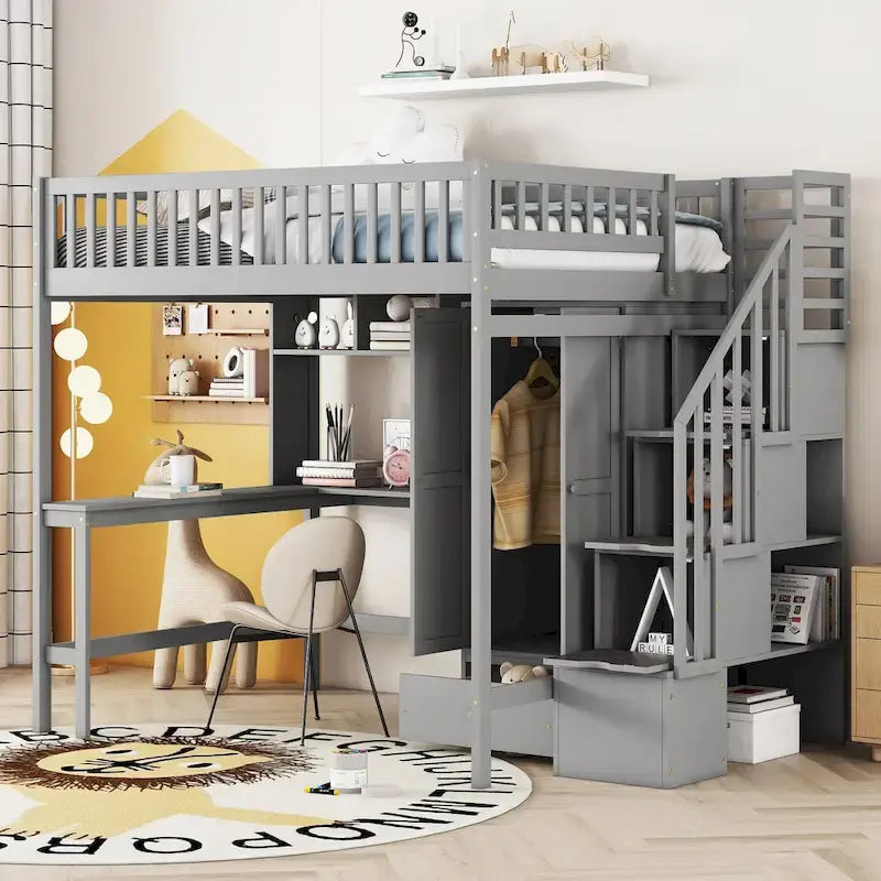 Lit mezzanine en bois pleine grandeur Nordic Creative avec étagère, tiroirs, bureau et armoire de rangement pour enfants, adolescents et adultes