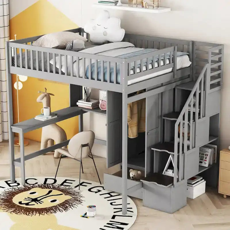 Lit mezzanine en bois pleine grandeur Nordic Creative avec étagère, tiroirs, bureau et armoire de rangement pour enfants, adolescents et adultes