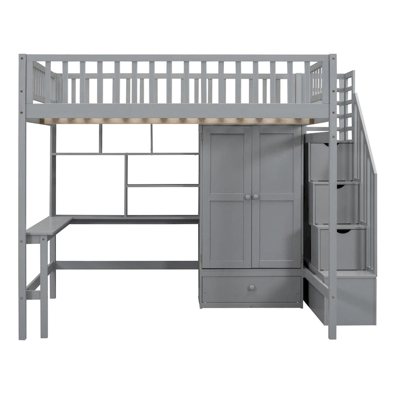 Lit mezzanine en bois pleine grandeur Nordic Creative avec étagère, tiroirs, bureau et armoire de rangement pour enfants, adolescents et adultes
