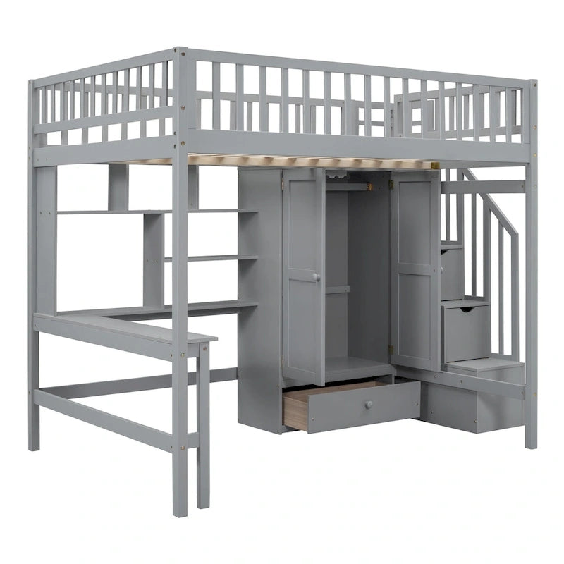 Lit mezzanine en bois pleine grandeur Nordic Creative avec étagère, tiroirs, bureau et armoire de rangement pour enfants, adolescents et adultes