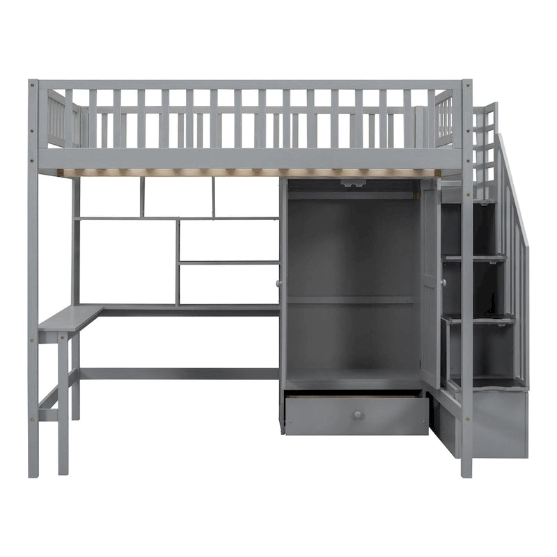 Lit mezzanine en bois pleine grandeur Nordic Creative avec étagère, tiroirs, bureau et armoire de rangement pour enfants, adolescents et adultes