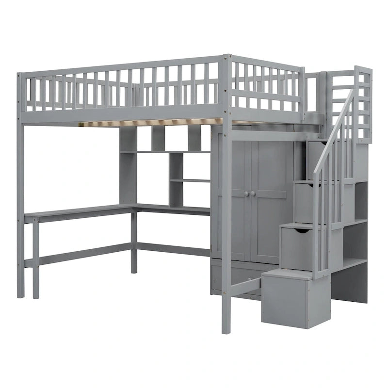 Lit mezzanine en bois pleine grandeur Nordic Creative avec étagère, tiroirs, bureau et armoire de rangement pour enfants, adolescents et adultes