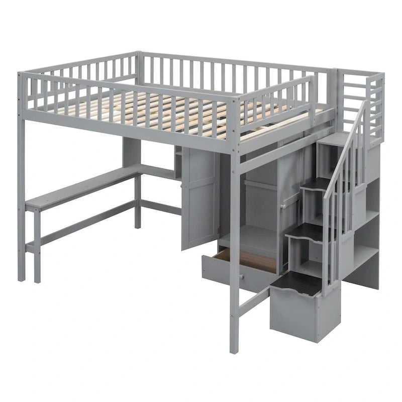 Lit mezzanine en bois pleine grandeur Nordic Creative avec étagère, tiroirs, bureau et armoire de rangement pour enfants, adolescents et adultes