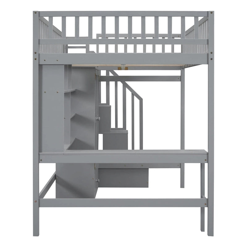 Lit mezzanine en bois pleine grandeur Nordic Creative avec étagère, tiroirs, bureau et armoire de rangement pour enfants, adolescents et adultes