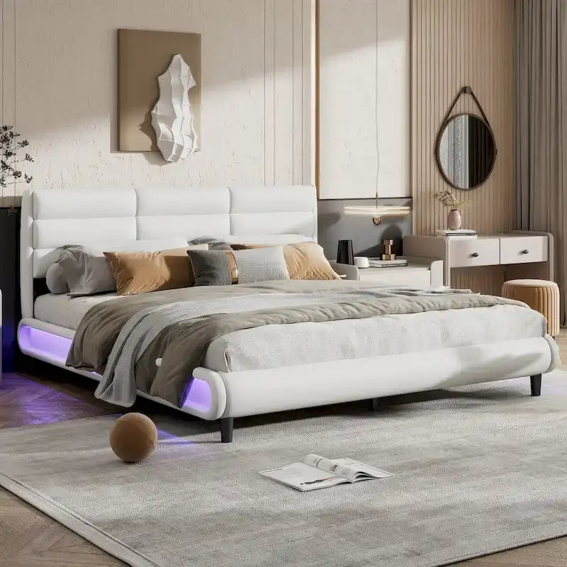 Lit plateforme rembourré King Size avec bandes lumineuses LED, beige