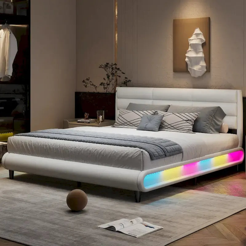 Lit plateforme rembourré King Size avec bandes lumineuses LED, beige