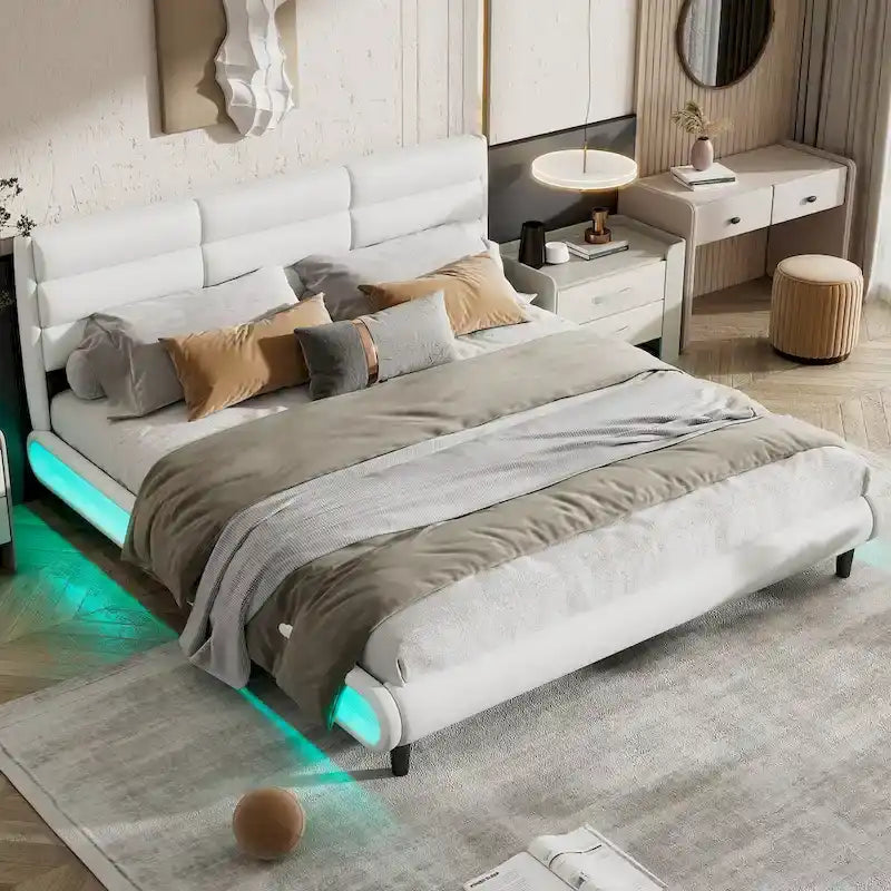 Lit plateforme rembourré King Size avec bandes lumineuses LED, beige