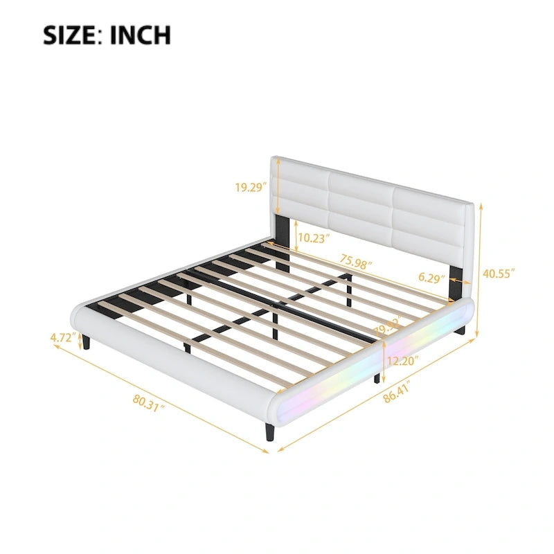 Lit plateforme rembourré King Size avec bandes lumineuses LED, beige