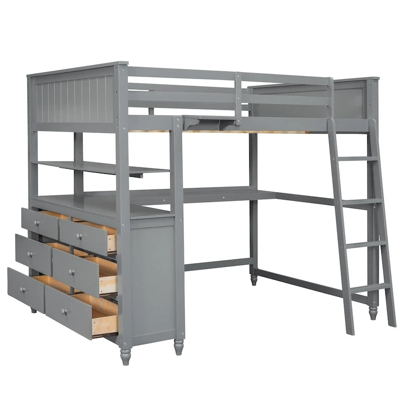 Lit mezzanine double avec tiroirs et bureau, Lit mezzanine en bois avec étagères