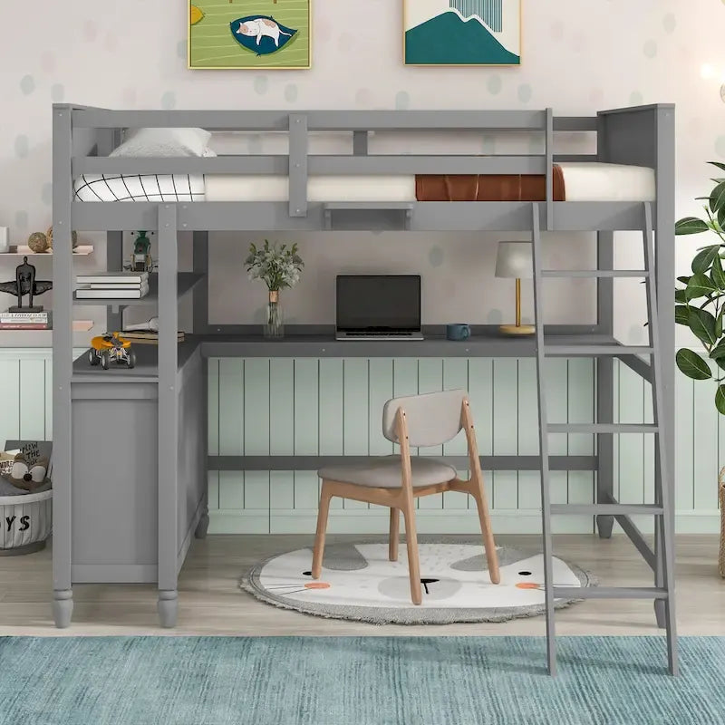 Lit mezzanine double avec tiroirs et bureau, Lit mezzanine en bois avec étagères