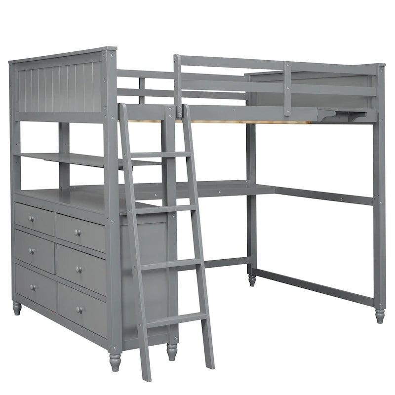 Lit mezzanine double avec tiroirs et bureau, Lit mezzanine en bois avec étagères