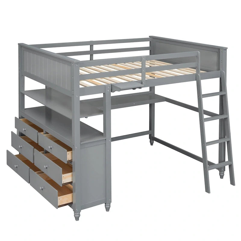 Lit mezzanine double avec tiroirs et bureau, Lit mezzanine en bois avec étagères