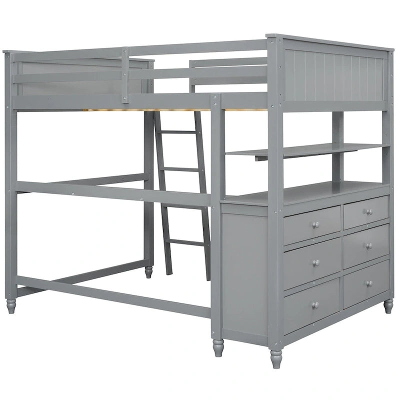 Lit mezzanine double avec tiroirs et bureau, Lit mezzanine en bois avec étagères