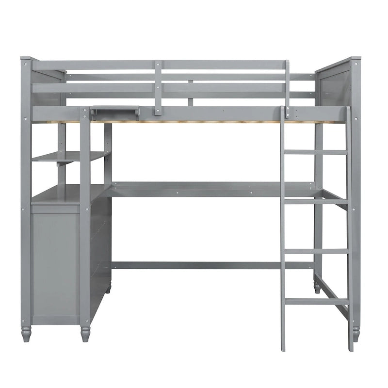 Lit mezzanine double avec tiroirs et bureau, Lit mezzanine en bois avec étagères