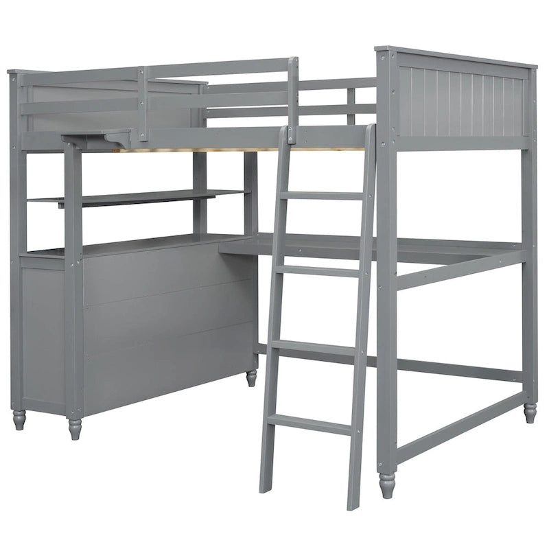 Lit mezzanine double avec tiroirs et bureau, Lit mezzanine en bois avec étagères