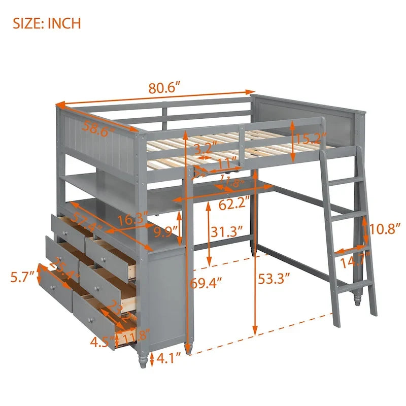 Lit mezzanine double avec tiroirs et bureau, Lit mezzanine en bois avec étagères