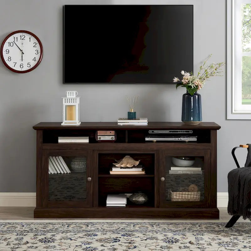 Meuble TV classique américain avec 4 étagères de rangement et 2 placards de rangement pour salons, chambres et bureaux