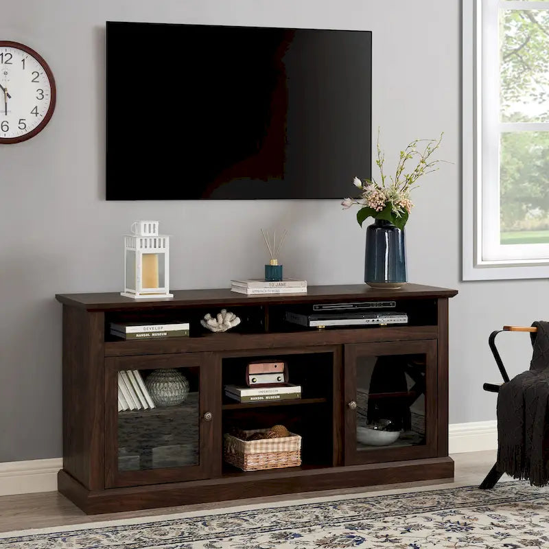 Meuble TV classique américain avec 4 étagères de rangement et 2 placards de rangement pour salons, chambres et bureaux