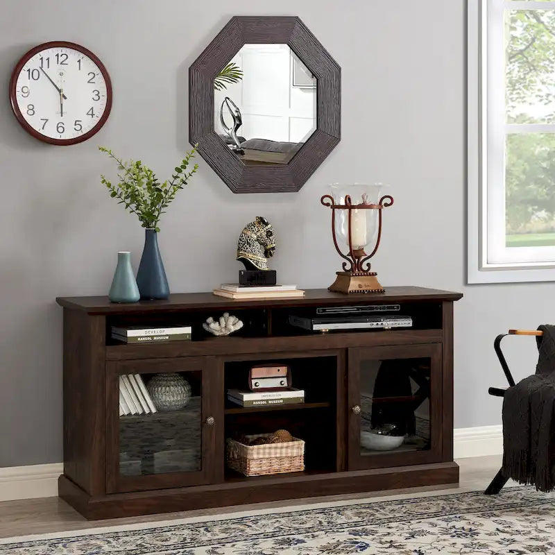 Meuble TV classique américain avec 4 étagères de rangement et 2 placards de rangement pour salons, chambres et bureaux