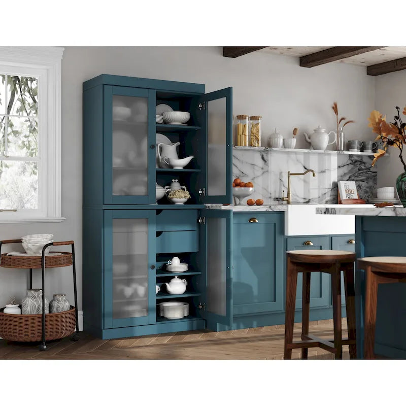 Meuble de rangement de cuisine 100 % en bois massif avec portes en verre dépoli, 2 tiroirs et étagères réglables - 32 x 71,5