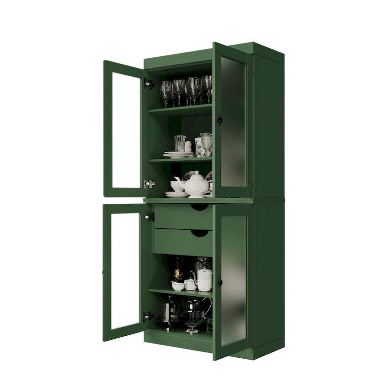 Meuble de rangement de cuisine 100 % en bois massif avec portes en verre dépoli, 2 tiroirs et étagères réglables - 32 x 71,5