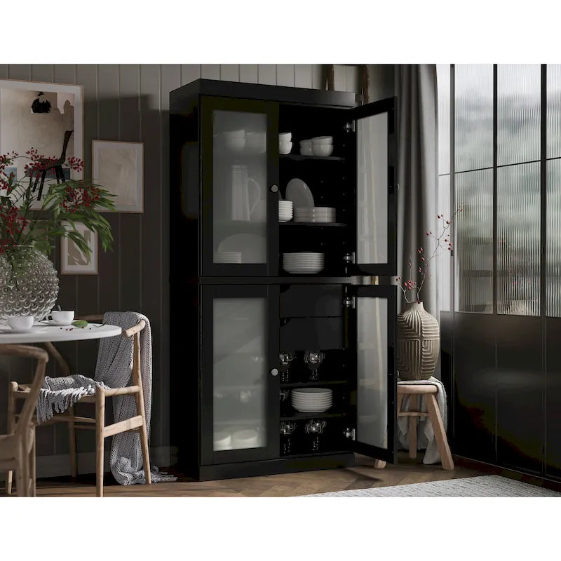 Meuble de rangement de cuisine 100 % en bois massif avec portes en verre dépoli, 2 tiroirs et étagères réglables - 32 x 71,5