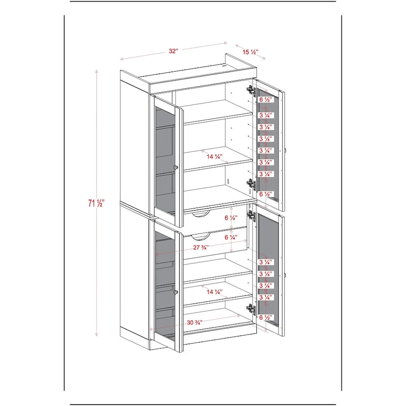 Meuble de rangement de cuisine 100 % en bois massif avec portes en verre dépoli, 2 tiroirs et étagères réglables - 32 x 71,5