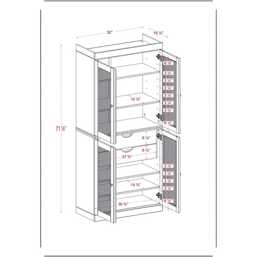 Meuble de rangement de cuisine 100 % en bois massif avec portes en verre dépoli, 2 tiroirs et étagères réglables - 32 x 71,5