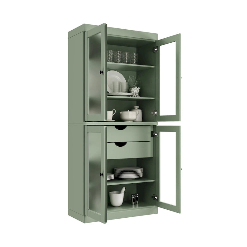 Meuble de rangement de cuisine 100 % en bois massif avec portes en verre dépoli, 2 tiroirs et étagères réglables - 32 x 71,5